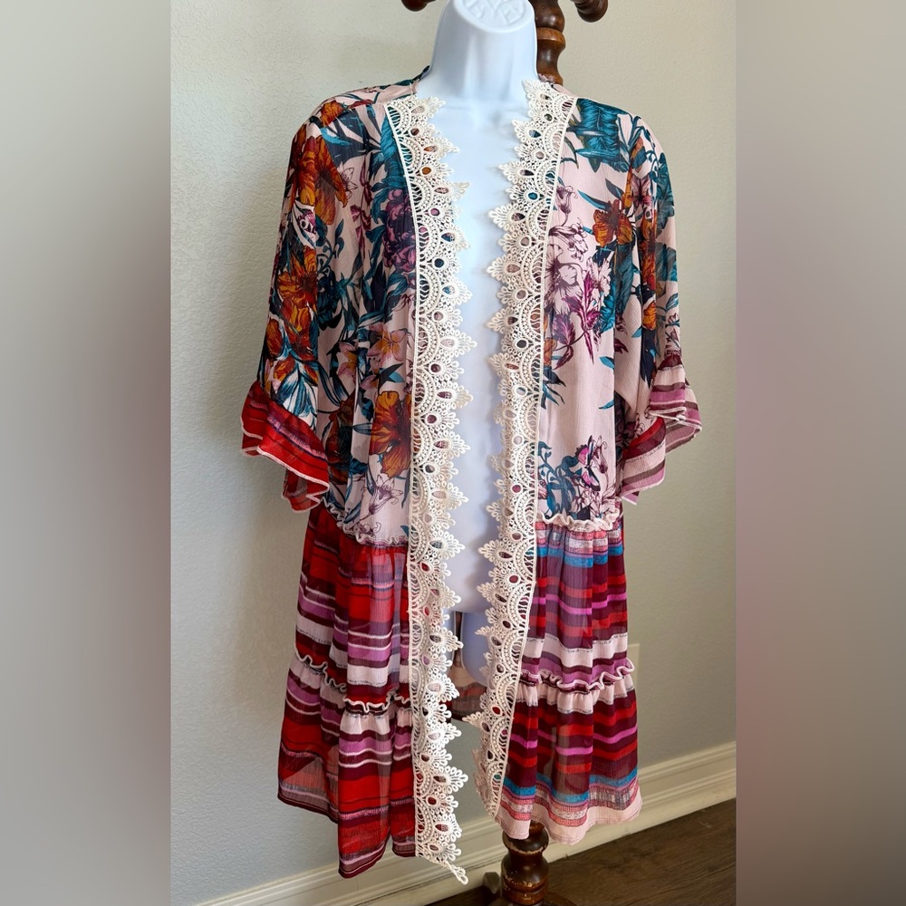 Colorful Floral and Striped Kimono with Lace